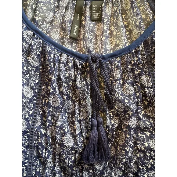 💖MSN Suit Blue Floral Bohemian Tunic Top With Tassel Detail - Size S - Picture 3 of 7